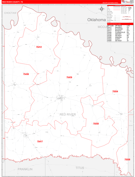 Red River County, TX Zip Code Wall Map